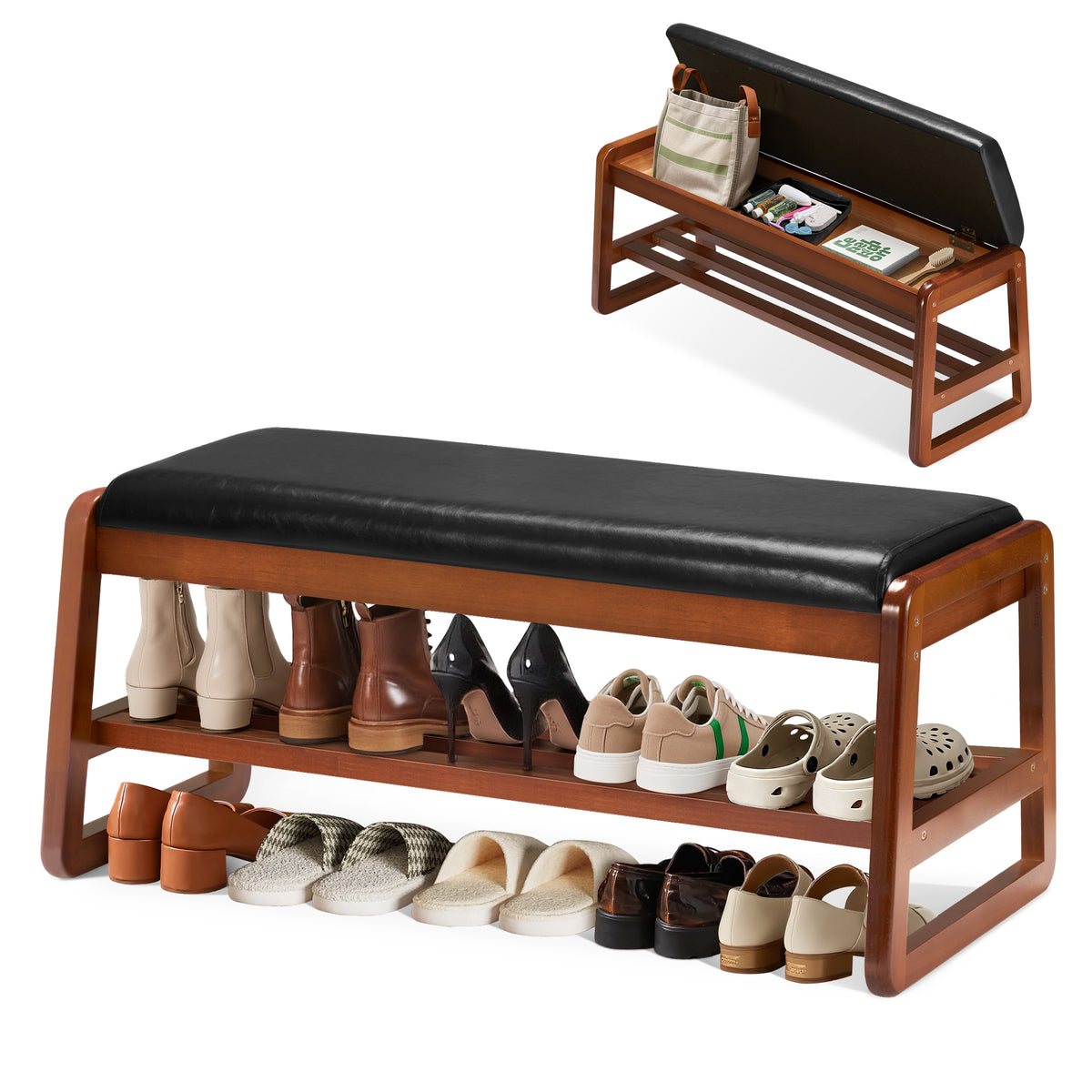 HABUTWAY® Entryway Solid Wood Shoe Rack with Cushion, 2 Tier Shoes Storage Organizer for Hallway, Living Room-(Green,31.5"-M)