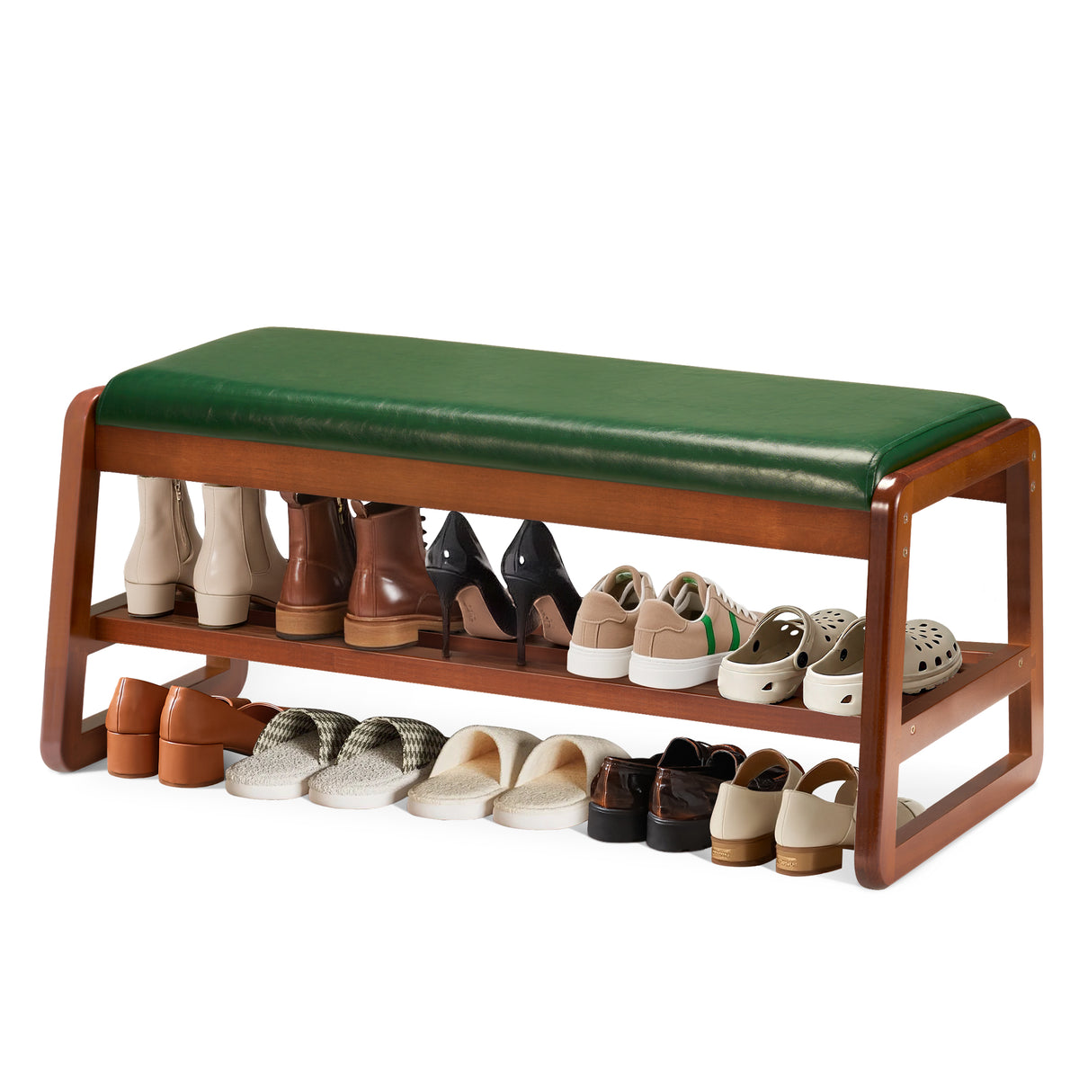 HABUTWAY® Entryway Solid Wood Shoe Rack with Cushion, 2 Tier Shoes Storage Organizer for Hallway, Living Room-(Green,31.5"-M)