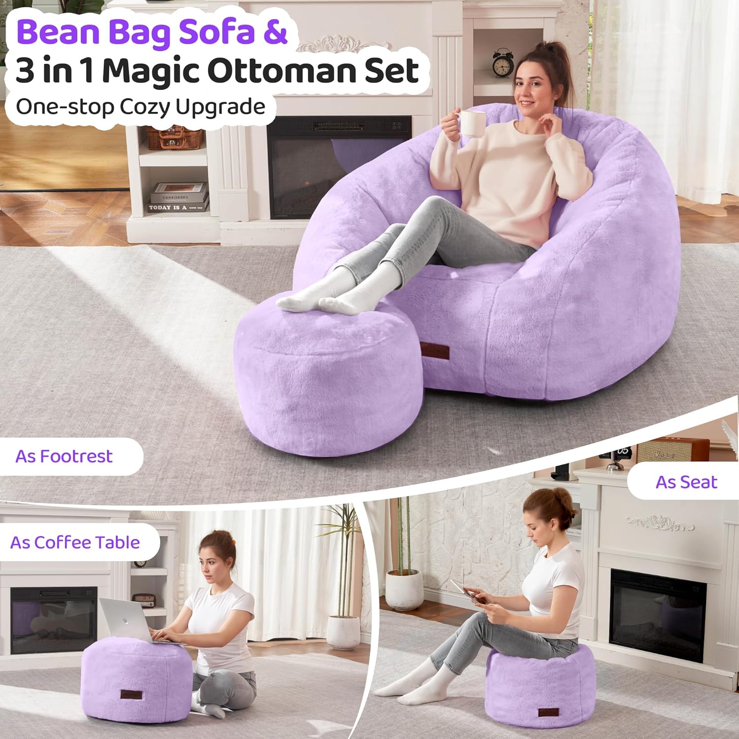 HABUTWAY® Comfy Faux Fur Shell-Shaped Bean Bag Couch