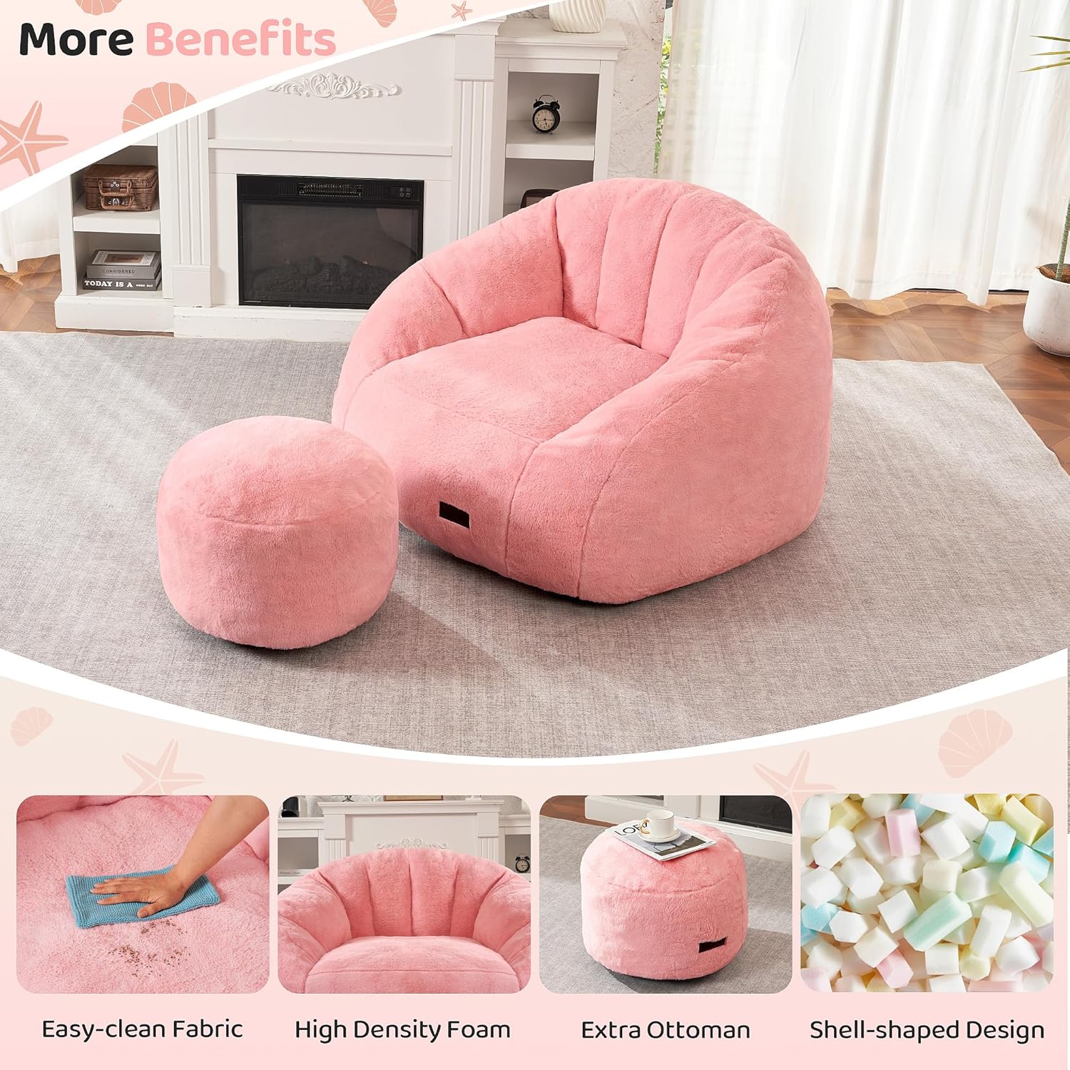 HABUTWAY® Comfy Faux Fur Shell-Shaped Bean Bag Couch