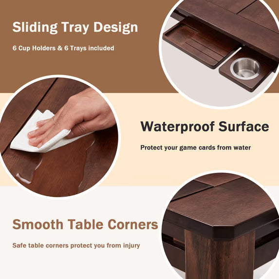 HABUTWAY Solid Wood Board Game Table for 4-6 Players, 54" x 31" Convertible Dining Table with Removable Top, Game Mat, 6 Cup Holders & Hobby Trays, for D&D Card Game Puzzle