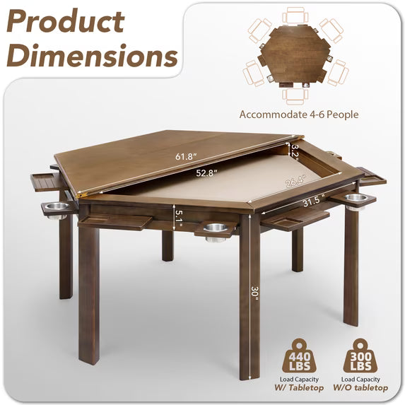 HABUTWAY Solid Wood Board Game Table for 4-6 Players, Convertible Dining Table with Removable Top, Gaming Table with Game Mat, 6 Cup Holders & Hobby Trays