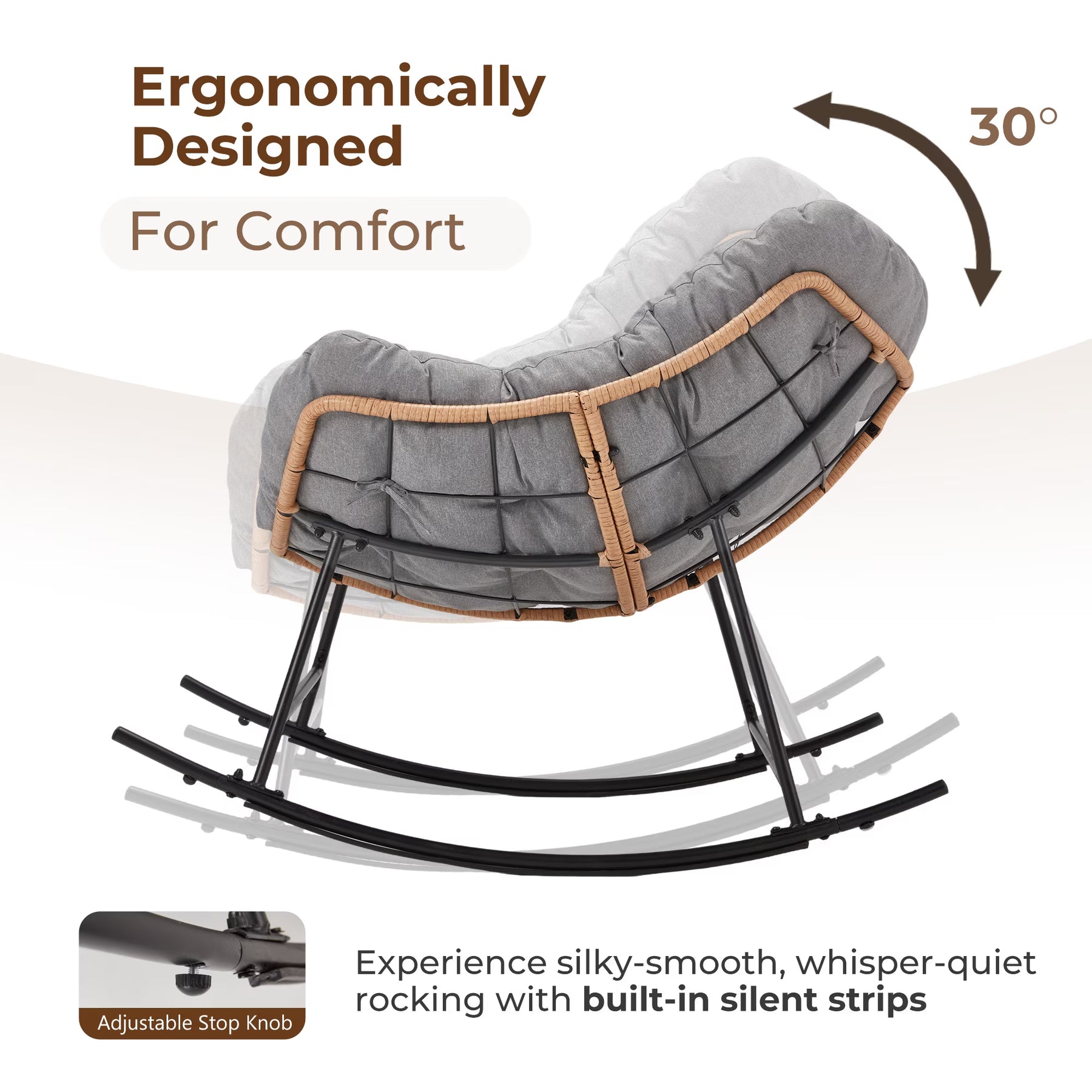 HABUTWAY Outdoor Rocking Chair with Thick Cushion, Ergonomic Rattan Egg Chair with Secure Straps for Indoor, Supports Up to 450 lbs