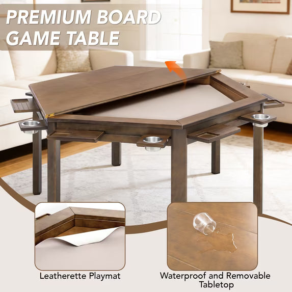 HABUTWAY Solid Wood Board Game Table for 4-6 Players, Convertible Dining Table with Removable Top, Gaming Table with Game Mat, 6 Cup Holders & Hobby Trays