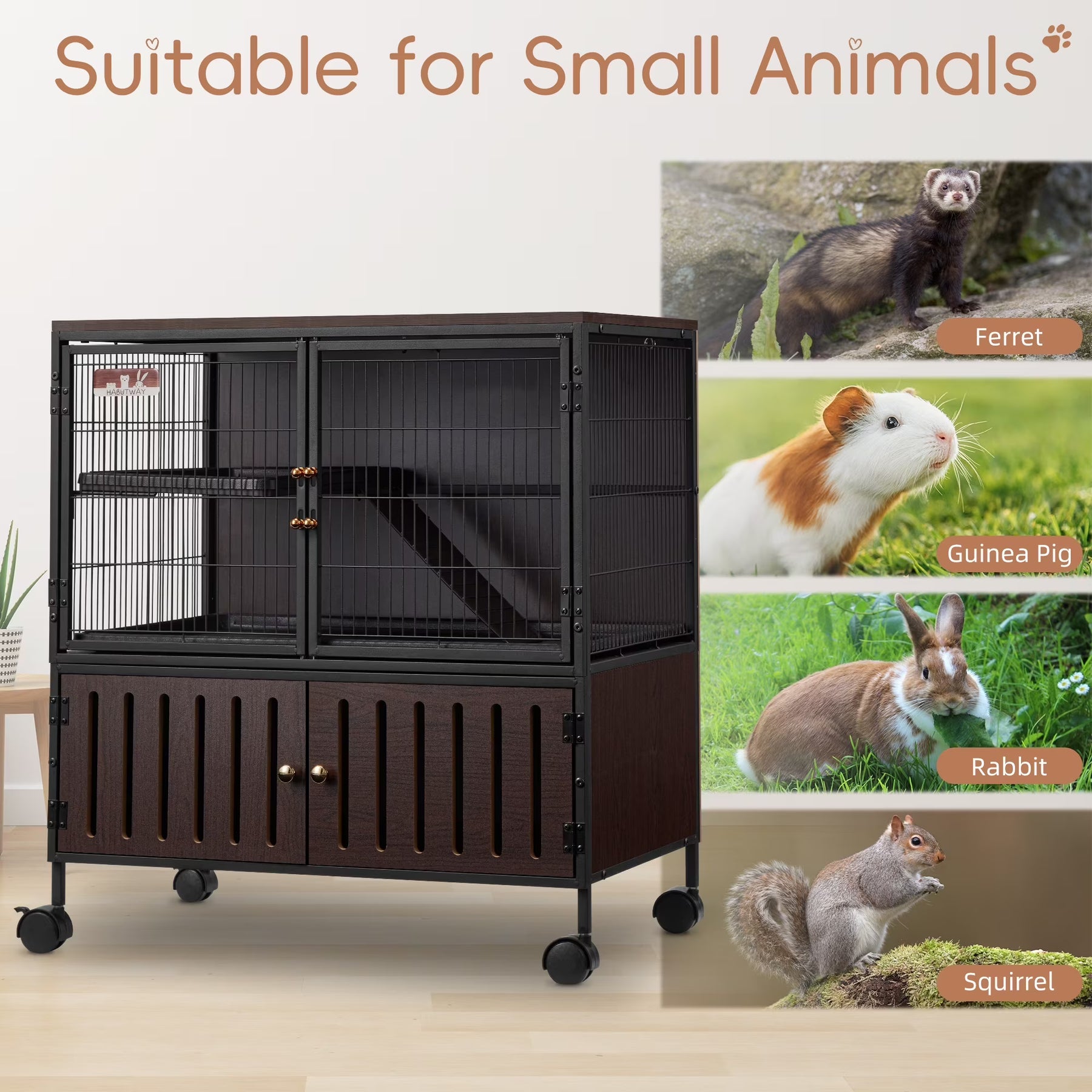 HABUTWAY 33''H Metal Large Ferret Cage, Rolling Chinchilla Cage, Critter Nation Cage, Indoor Wooden Pet Crate Furniture