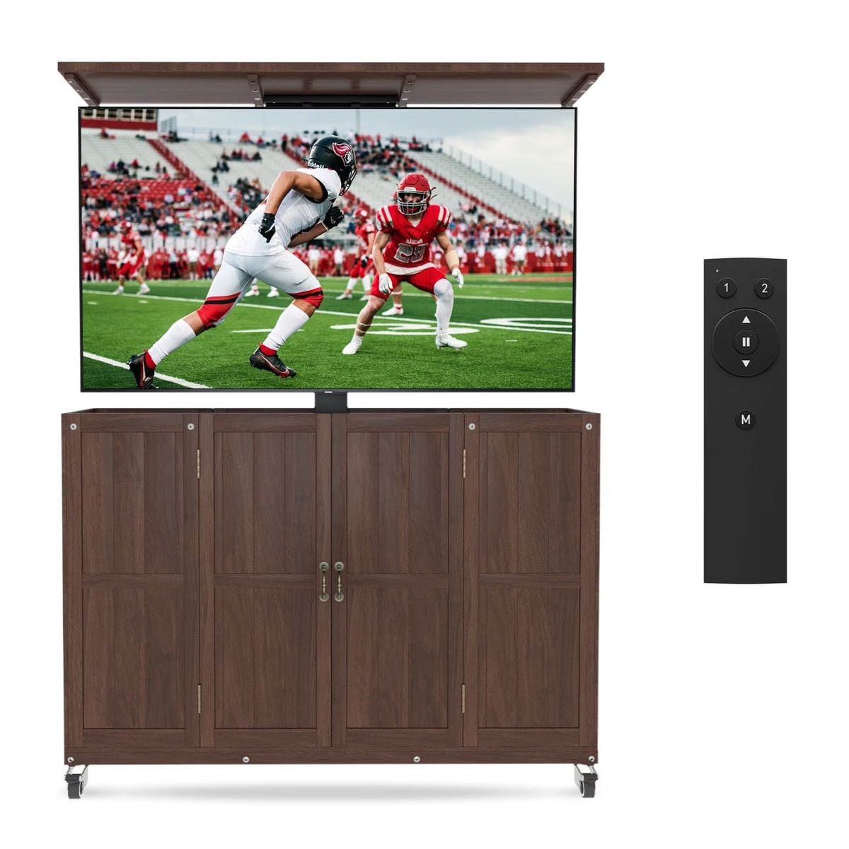 HABUTWAY Solid Wood Outdoor Motorized TV Lift Cabinet for 32-65” TVs, Weatherproof Rolling TV Stand with Remote, Adjustable Height 28”-68”