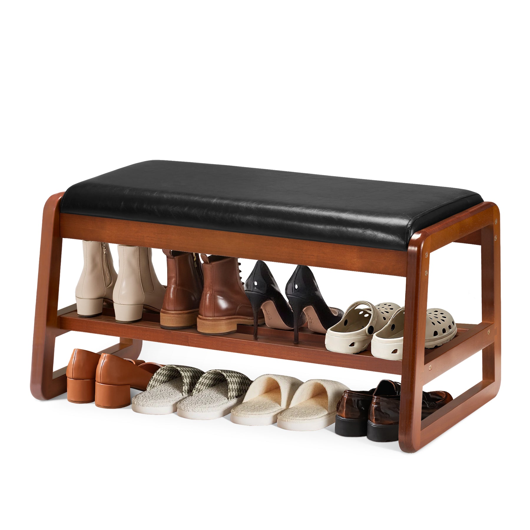 HABUTWAY® Entryway Solid Wood Shoe Rack with Cushion, 2 Tier Shoes Storage Organizer for Hallway, Living Room-(Green,31.5"-M)