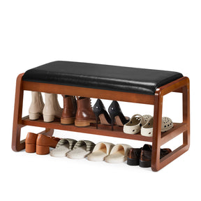 HABUTWAY® Entryway Solid Wood Shoe Rack with Cushion, 2 Tier Shoes Storage Organizer for Hallway, Living Room-(Green,31.5"-M)