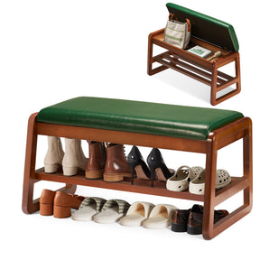 HABUTWAY® Entryway Solid Wood Shoe Rack with Cushion, 2 Tier Shoes Storage Organizer for Hallway, Living Room-(Green,31.5"-M)