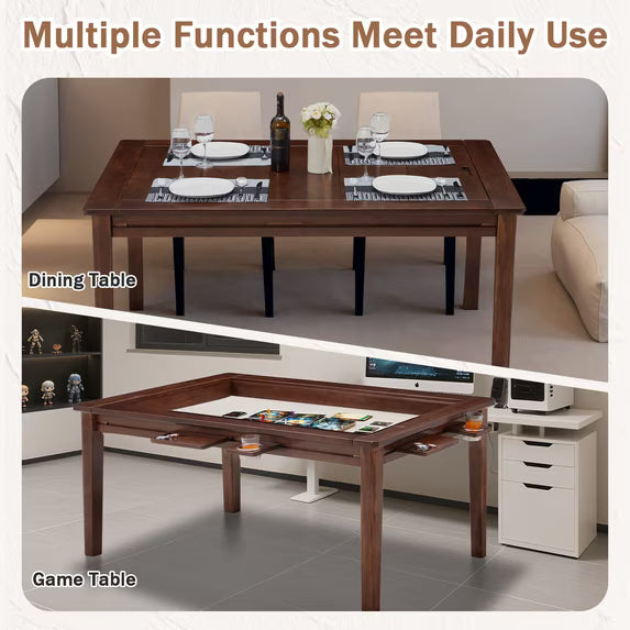 HABUTWAY Solid Wood Board Game Table for 4-6 Players, 54" x 31" Convertible Dining Table with Removable Top, Game Mat, 6 Cup Holders & Hobby Trays, for D&D Card Game Puzzle
