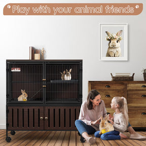 HABUTWAY 33''H Metal Large Ferret Cage, Rolling Chinchilla Cage, Critter Nation Cage, Indoor Wooden Pet Crate Furniture