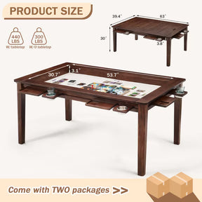 HABUTWAY Solid Wood Board Game Table for 4-6 Players, 54" x 31" Convertible Dining Table with Removable Top, Game Mat, 6 Cup Holders & Hobby Trays, for D&D Card Game Puzzle