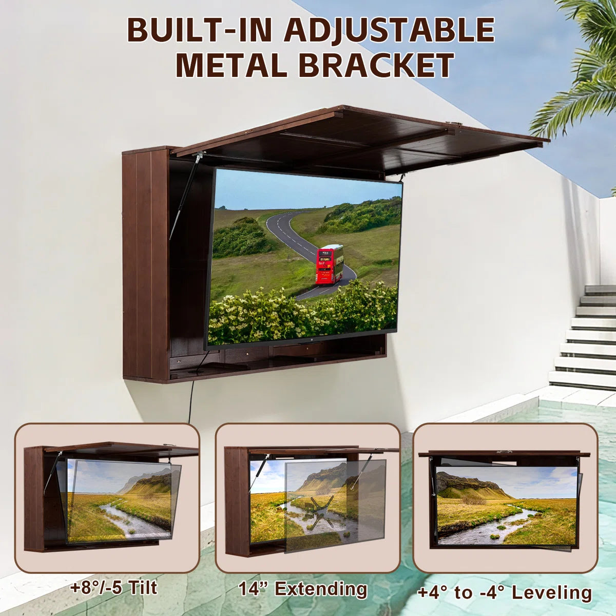 HABUTWAY Solid Wood Outdoor TV Enclosure for 32-55" TVs, Weatherproof Cabinet with Wall Mount & Oxford Cover, Walnut