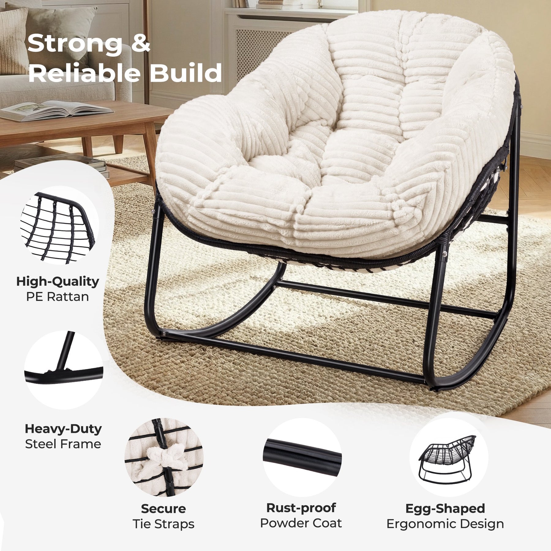 HABUTWAY Oversized Papasan Rocking Chair with Thick Cushion, Outdoor Rocker Egg Seat for Patio Garden Backyard