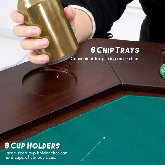 HABUTWAY Solid Wood Octagonal Poker Table for 6-8, 59.8" Card Table with 8 Cup Holders & Trays, Dark Walnut