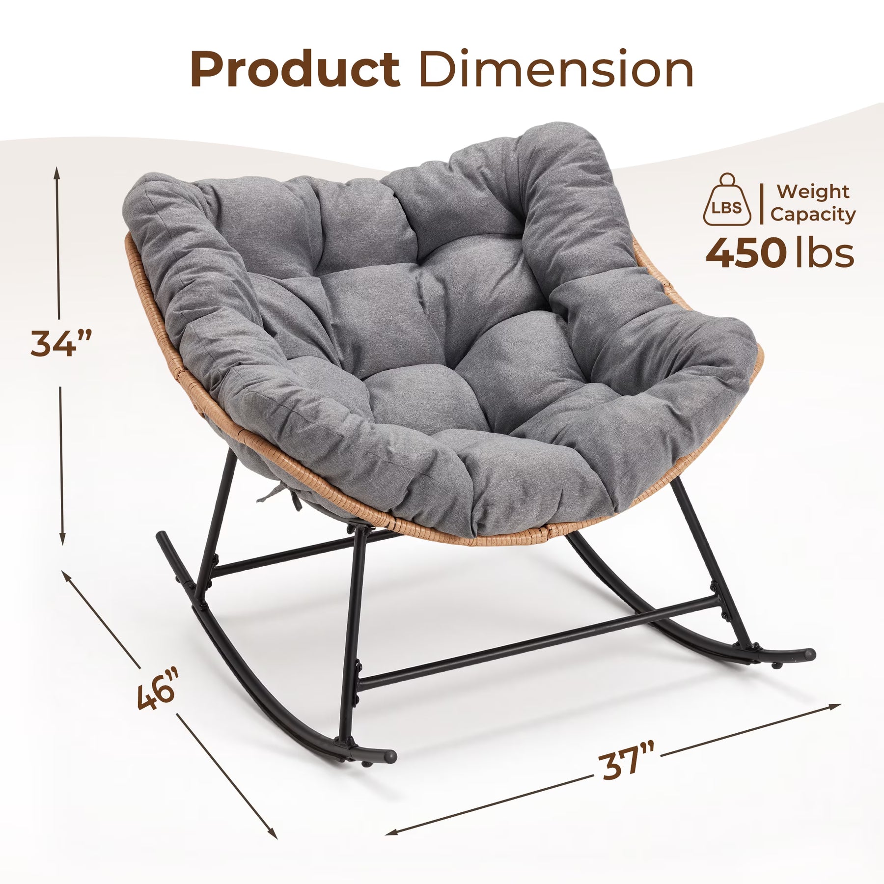 HABUTWAY Outdoor Rocking Chair with Thick Cushion, Ergonomic Rattan Egg Chair with Secure Straps for Indoor, Supports Up to 450 lbs