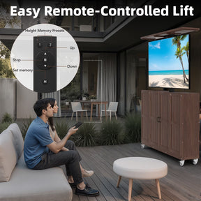 HABUTWAY Solid Wood Outdoor Motorized TV Lift Cabinet for 32-65” TVs, Weatherproof Rolling TV Stand with Remote, Adjustable Height 28”-68”