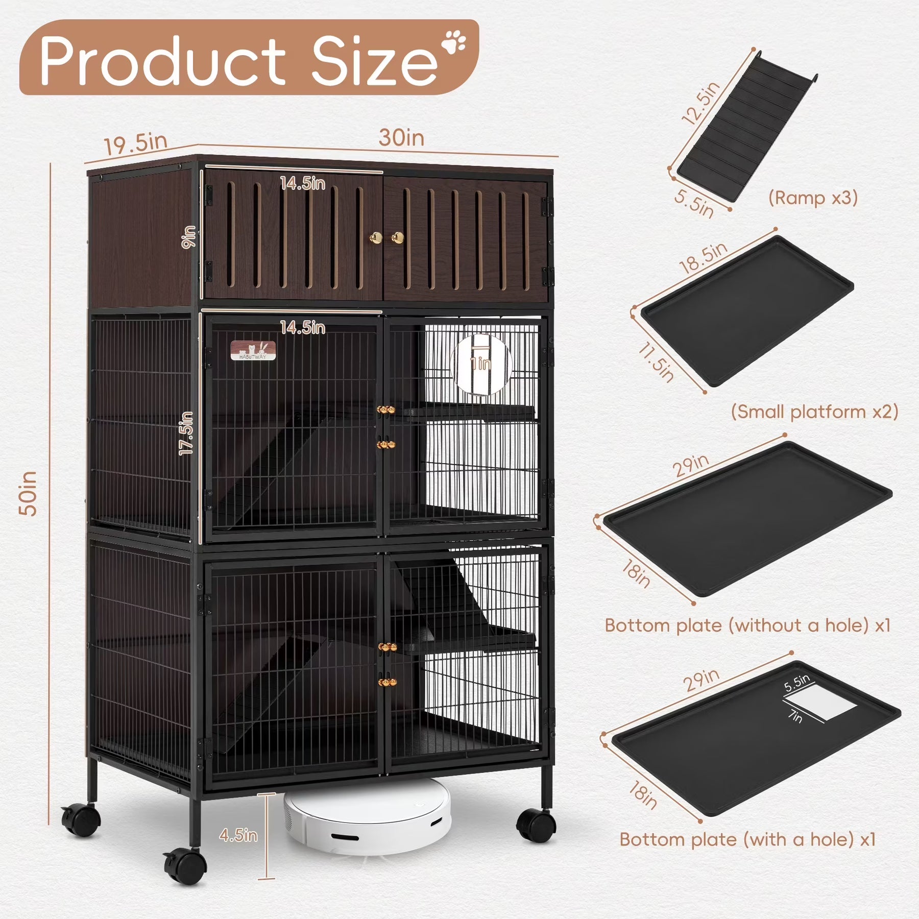 HABUTWAY 50''H Metal Large Ferret Cage, Rolling Chinchilla Cage, Critter Nation Cage, Indoor Wooden Pet Crate Furniture