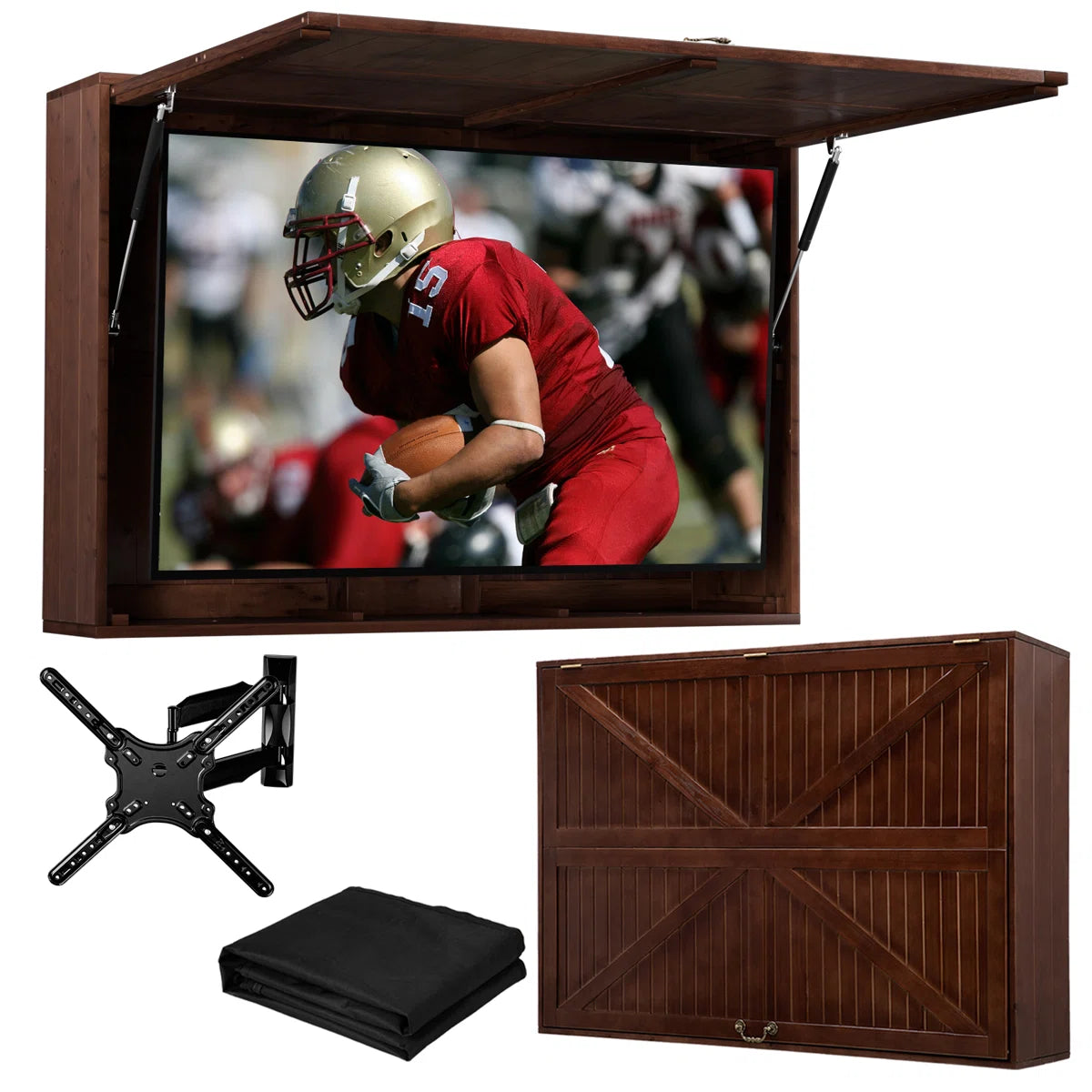 HABUTWAY Solid Wood Outdoor TV Enclosure for 32-55" TVs, Weatherproof Cabinet with Wall Mount & Oxford Cover, Walnut