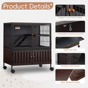 HABUTWAY 33''H Metal Large Ferret Cage, Rolling Chinchilla Cage, Critter Nation Cage, Indoor Wooden Pet Crate Furniture