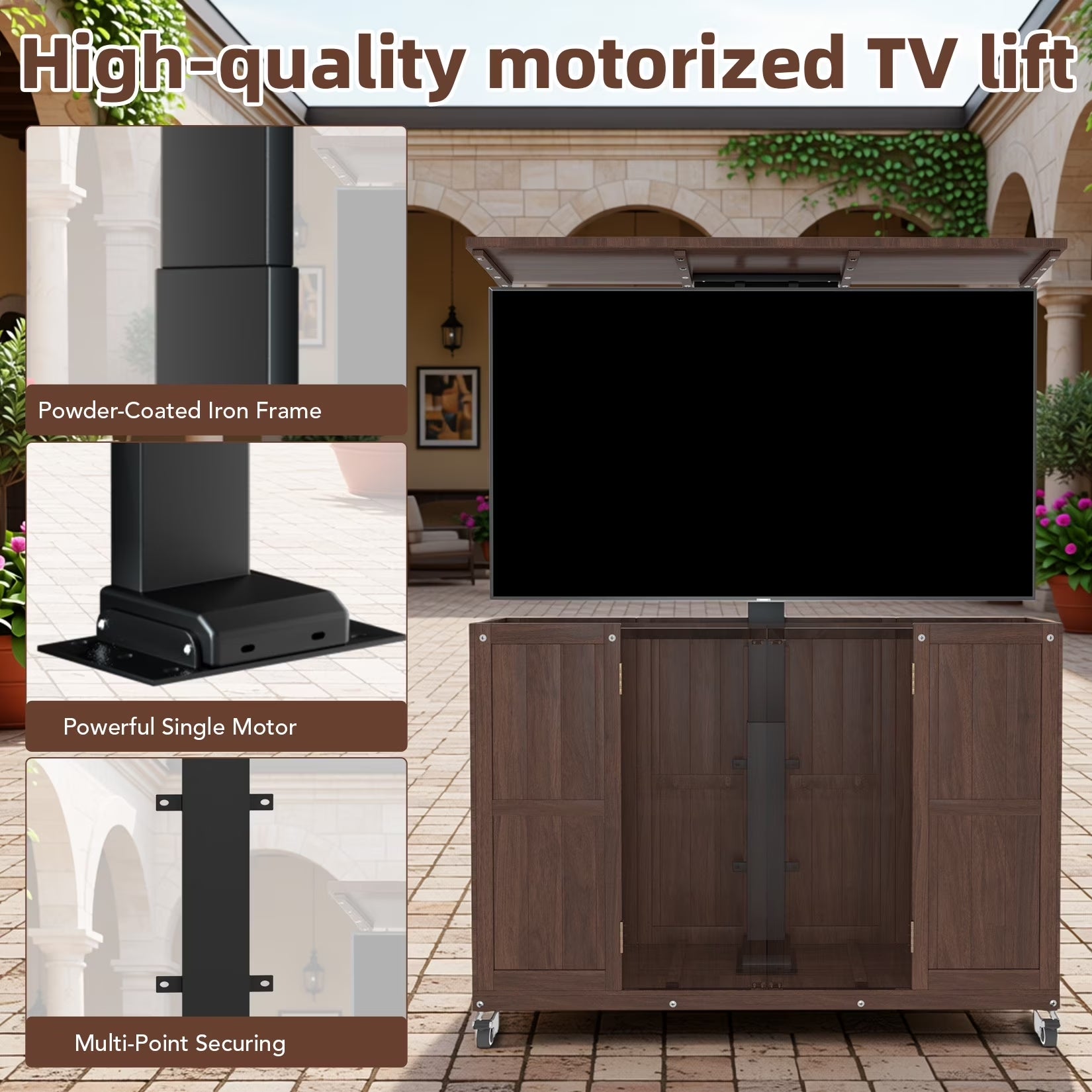 HABUTWAY Solid Wood Outdoor Motorized TV Lift Cabinet for 32-65” TVs, Weatherproof Rolling TV Stand with Remote, Adjustable Height 28”-68”