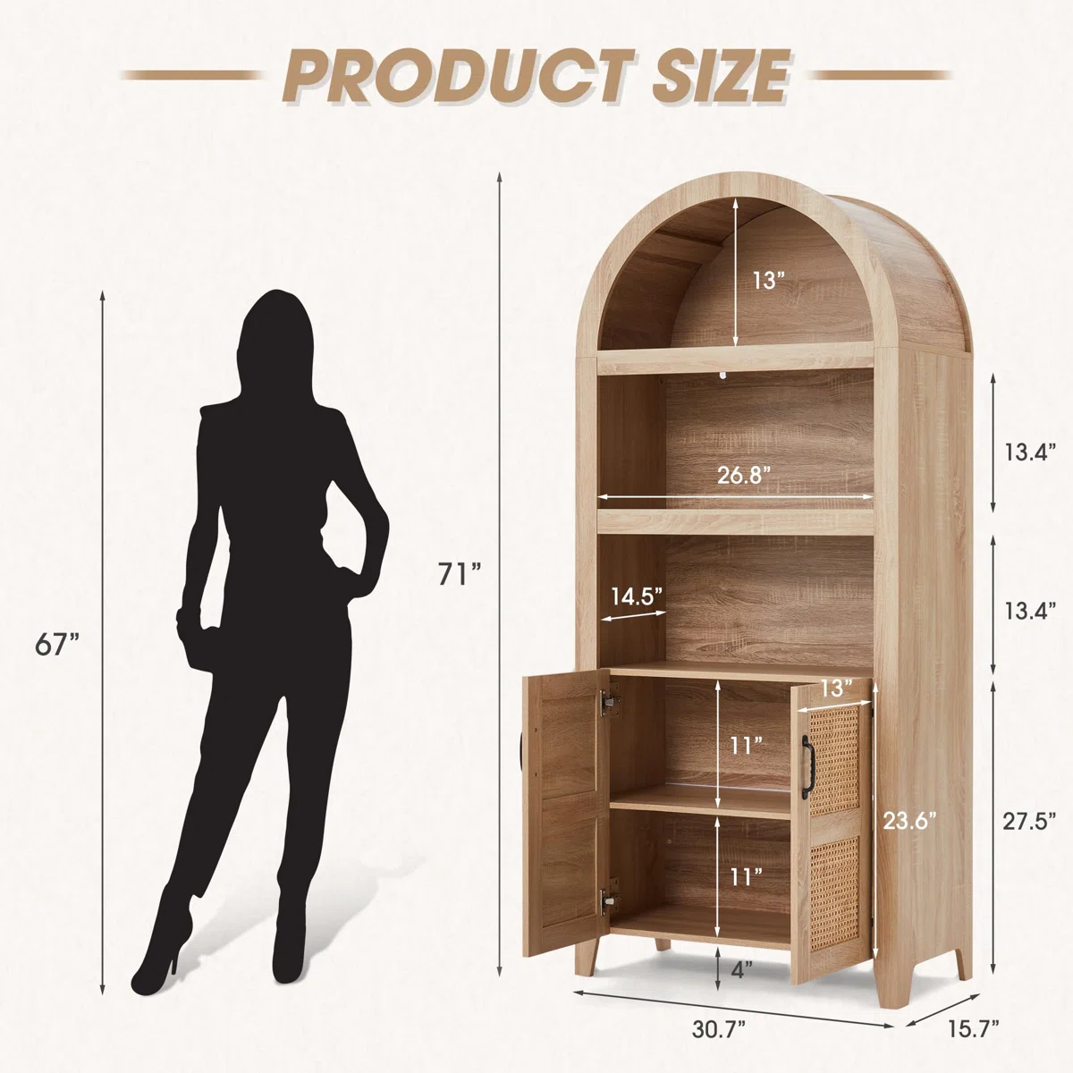 HABUTWAY 72" Arched Storage Cabinet, Beech Rattan Doors with Adjustable Shelves, Modern Farmhouse Style, Natural