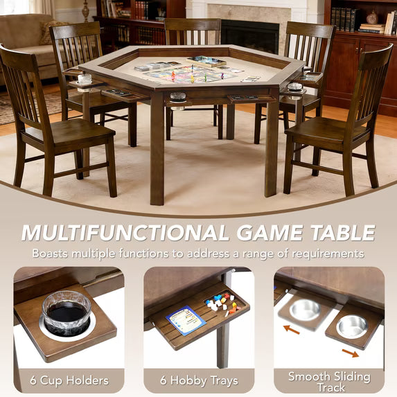 HABUTWAY Solid Wood Board Game Table for 4-6 Players, Convertible Dining Table with Removable Top, Gaming Table with Game Mat, 6 Cup Holders & Hobby Trays