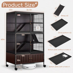 HABUTWAY 60''H Metal Large Ferret Cage, Rolling Chinchilla Cage, Critter Nation Cage, Indoor Wooden Pet Crate Furniture