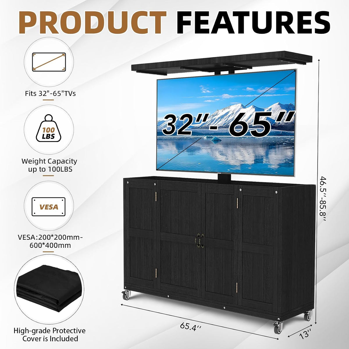 HABUTWAY® Hidden Motorized TV Lift Cabinet Solid Wood TV Cabinet for 32–65” TVs