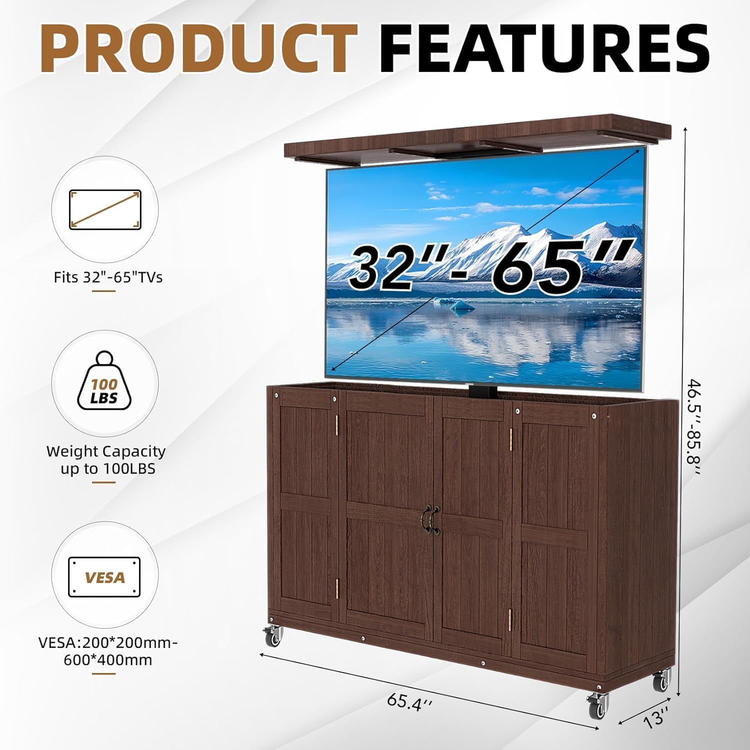 HABUTWAY® Hidden Motorized TV Lift Cabinet Solid Wood TV Cabinet for 32–65” TVs