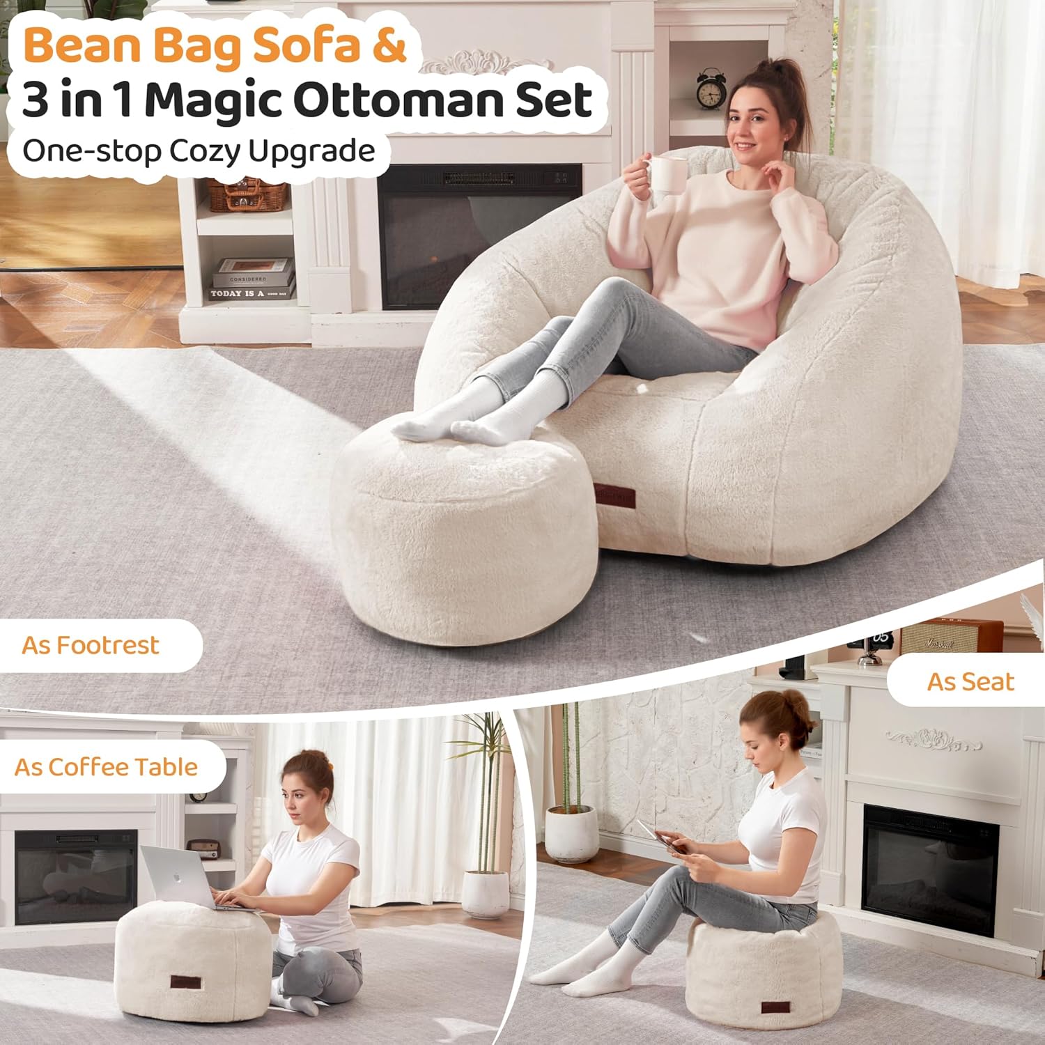 HABUTWAY® Comfy Faux Fur Shell-Shaped Bean Bag Couch