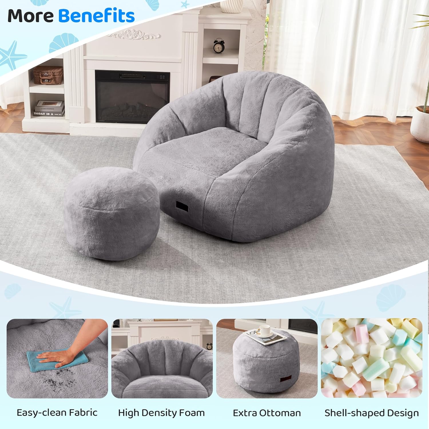 HABUTWAY® Comfy Faux Fur Shell-Shaped Bean Bag Couch