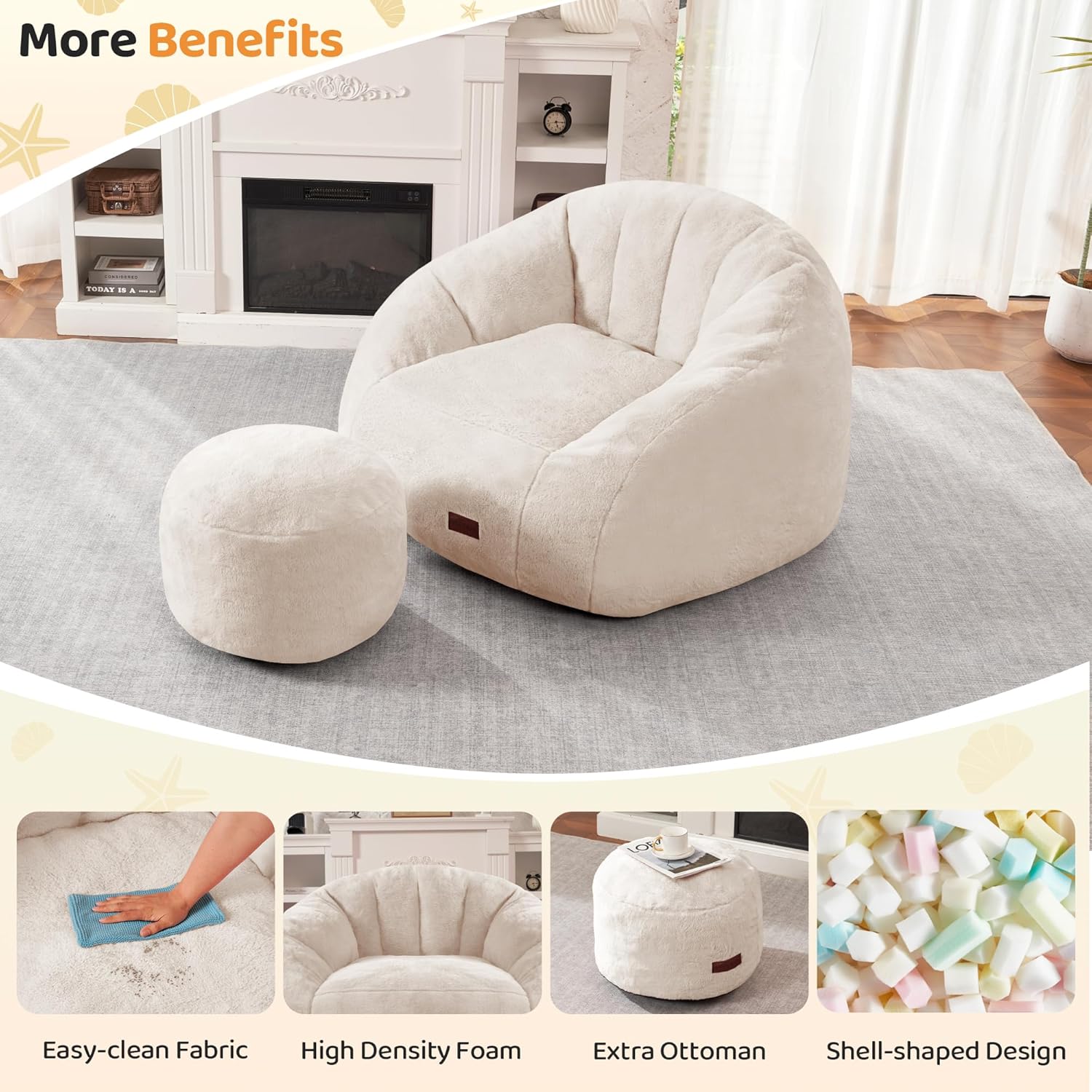 HABUTWAY® Comfy Faux Fur Shell-Shaped Bean Bag Couch