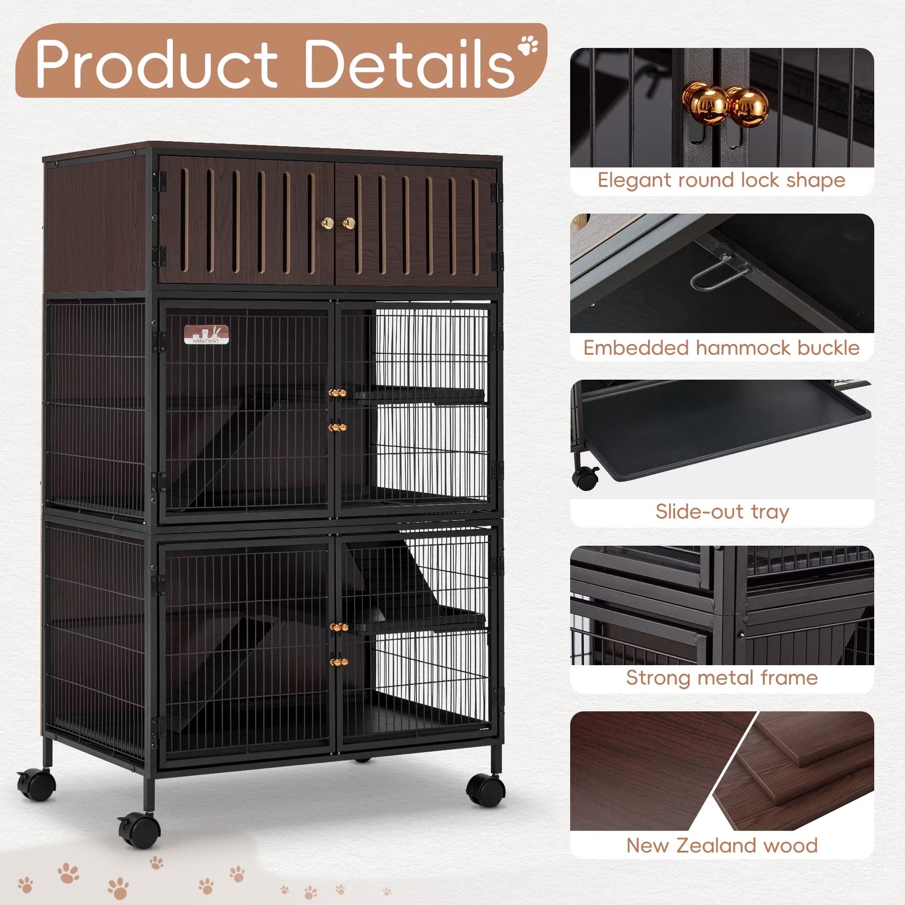 HABUTWAY 50''H Metal Large Ferret Cage, Rolling Chinchilla Cage, Critter Nation Cage, Indoor Wooden Pet Crate Furniture