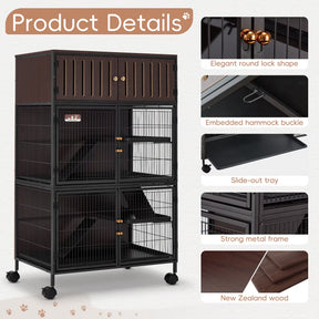 HABUTWAY 50''H Metal Large Ferret Cage, Rolling Chinchilla Cage, Critter Nation Cage, Indoor Wooden Pet Crate Furniture