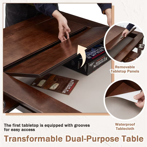 HABUTWAY Solid Wood Board Game Table for 4-6 Players, 54" x 31" Convertible Dining Table with Removable Top, Game Mat, 6 Cup Holders & Hobby Trays, for D&D Card Game Puzzle