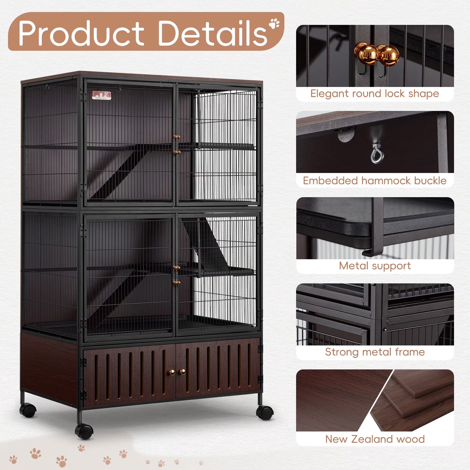 HABUTWAY 60''H Metal Large Ferret Cage, Rolling Chinchilla Cage, Critter Nation Cage, Indoor Wooden Pet Crate Furniture