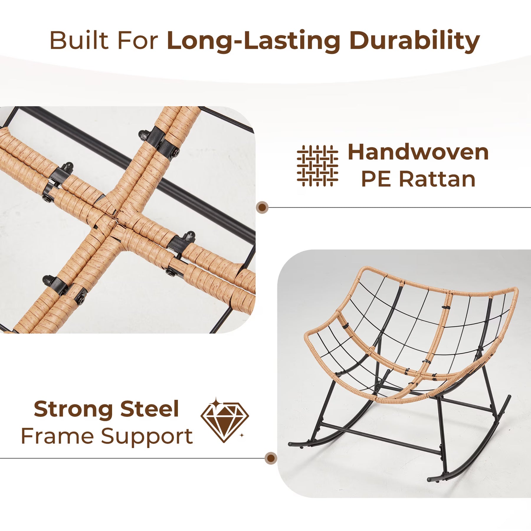 HABUTWAY Outdoor Rocking Chair with Thick Cushion, Ergonomic Rattan Egg Chair with Secure Straps for Indoor, Supports Up to 450 lbs