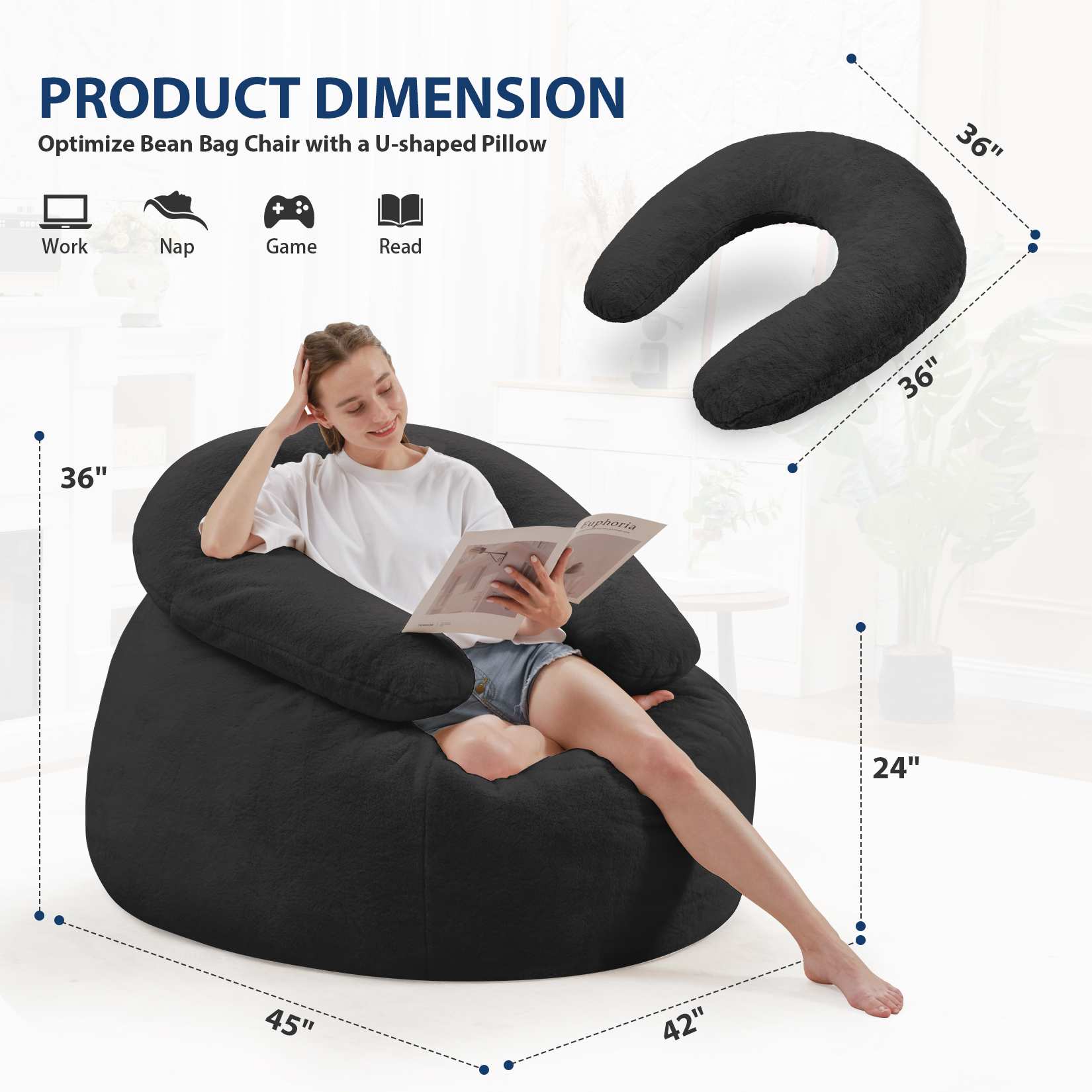 HABUTWAY® Bean Bag Chair with U-Shaped Pillow