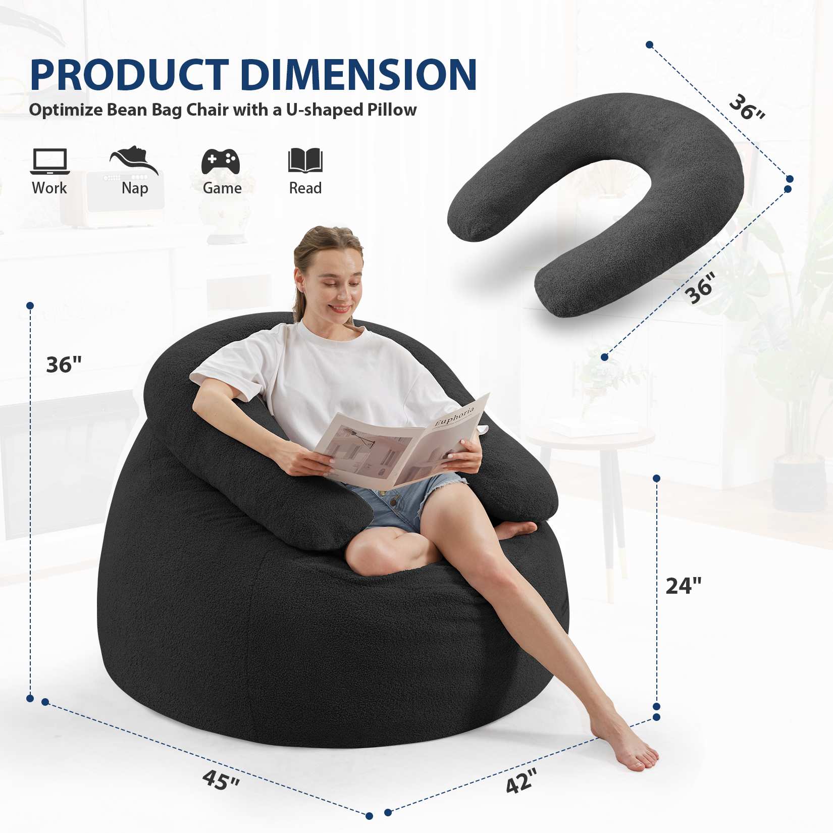 HABUTWAY® Bean Bag Chair with U-Shaped Pillow