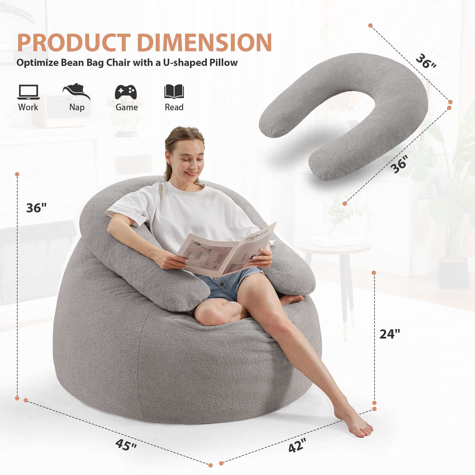 HABUTWAY® Bean Bag Chair with U-Shaped Pillow