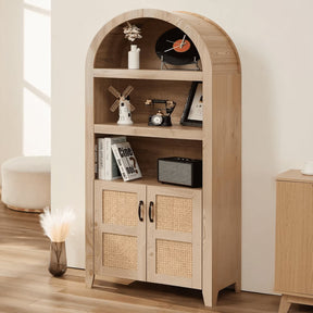 HABUTWAY 72" Arched Storage Cabinet, Beech Rattan Doors with Adjustable Shelves, Modern Farmhouse Style, Natural