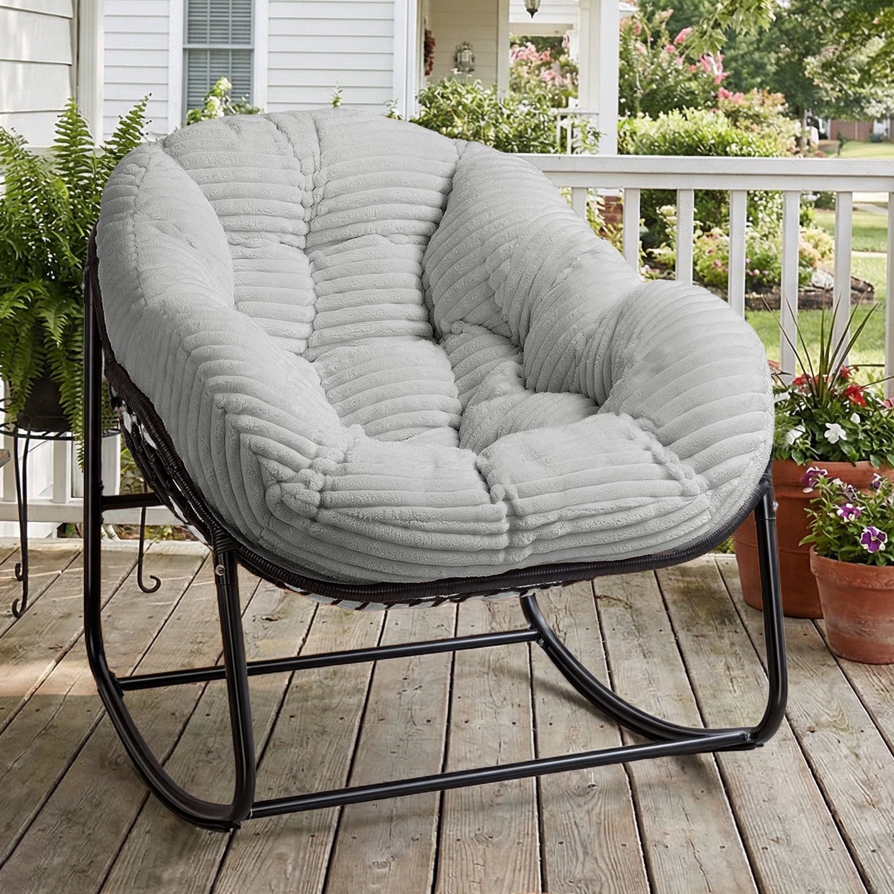 HABUTWAY Oversized Papasan Rocking Chair with Thick Cushion, Outdoor Rocker Egg Seat for Patio Garden Backyard