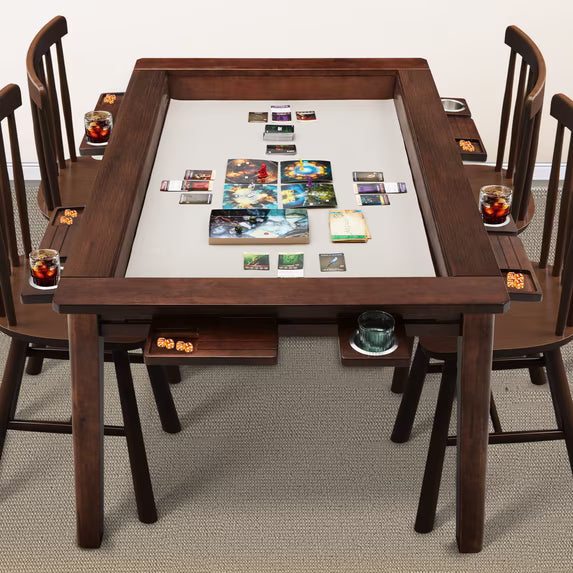 HABUTWAY Solid Wood Board Game Table for 4-6 Players, 54" x 31" Convertible Dining Table with Removable Top, Game Mat, 6 Cup Holders & Hobby Trays, for D&D Card Game Puzzle