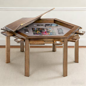 HABUTWAY Solid Wood Board Game Table for 4-6 Players, Convertible Dining Table with Removable Top, Gaming Table with Game Mat, 6 Cup Holders & Hobby Trays