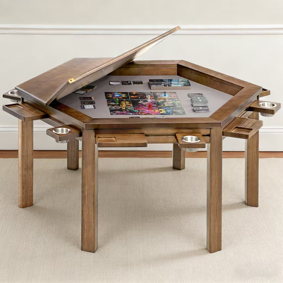 HABUTWAY Solid Wood Board Game Table for 4-6 Players, Convertible Dining Table with Removable Top, Gaming Table with Game Mat, 6 Cup Holders & Hobby Trays