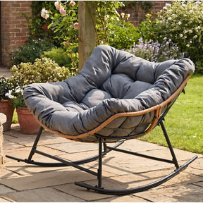 HABUTWAY Outdoor Rocking Chair with Thick Cushion, Ergonomic Rattan Egg Chair with Secure Straps for Indoor, Supports Up to 450 lbs