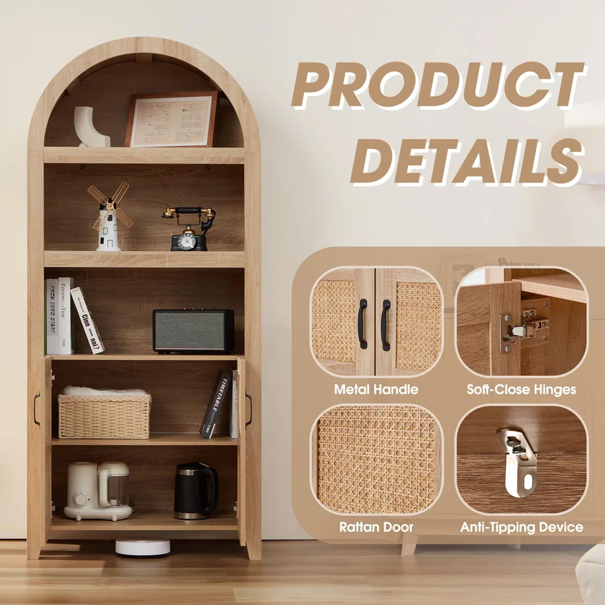 HABUTWAY 72" Arched Storage Cabinet, Beech Rattan Doors with Adjustable Shelves, Modern Farmhouse Style, Natural