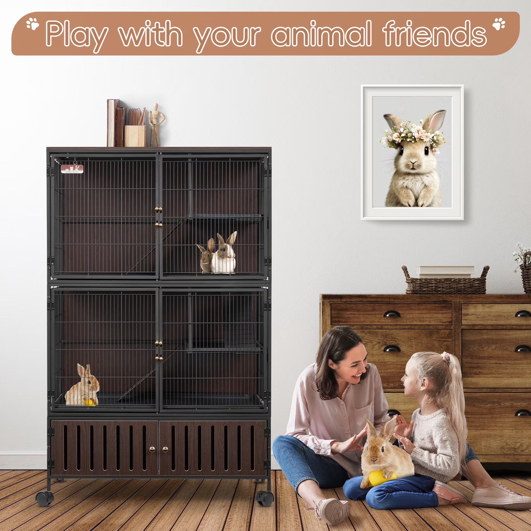 HABUTWAY 60''H Metal Large Ferret Cage, Rolling Chinchilla Cage, Critter Nation Cage, Indoor Wooden Pet Crate Furniture