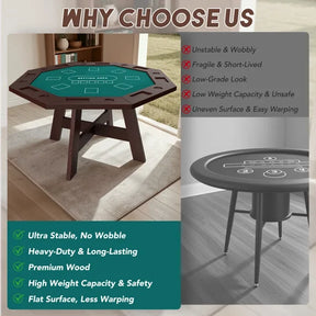 HABUTWAY Solid Wood Octagonal Poker Table for 6-8, 59.8" Card Table with 8 Cup Holders & Trays, Dark Walnut